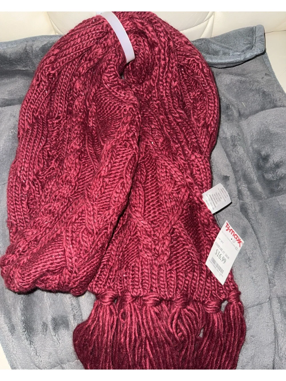 Women's Cable Knit Scarf and Glove Set - Burgundy